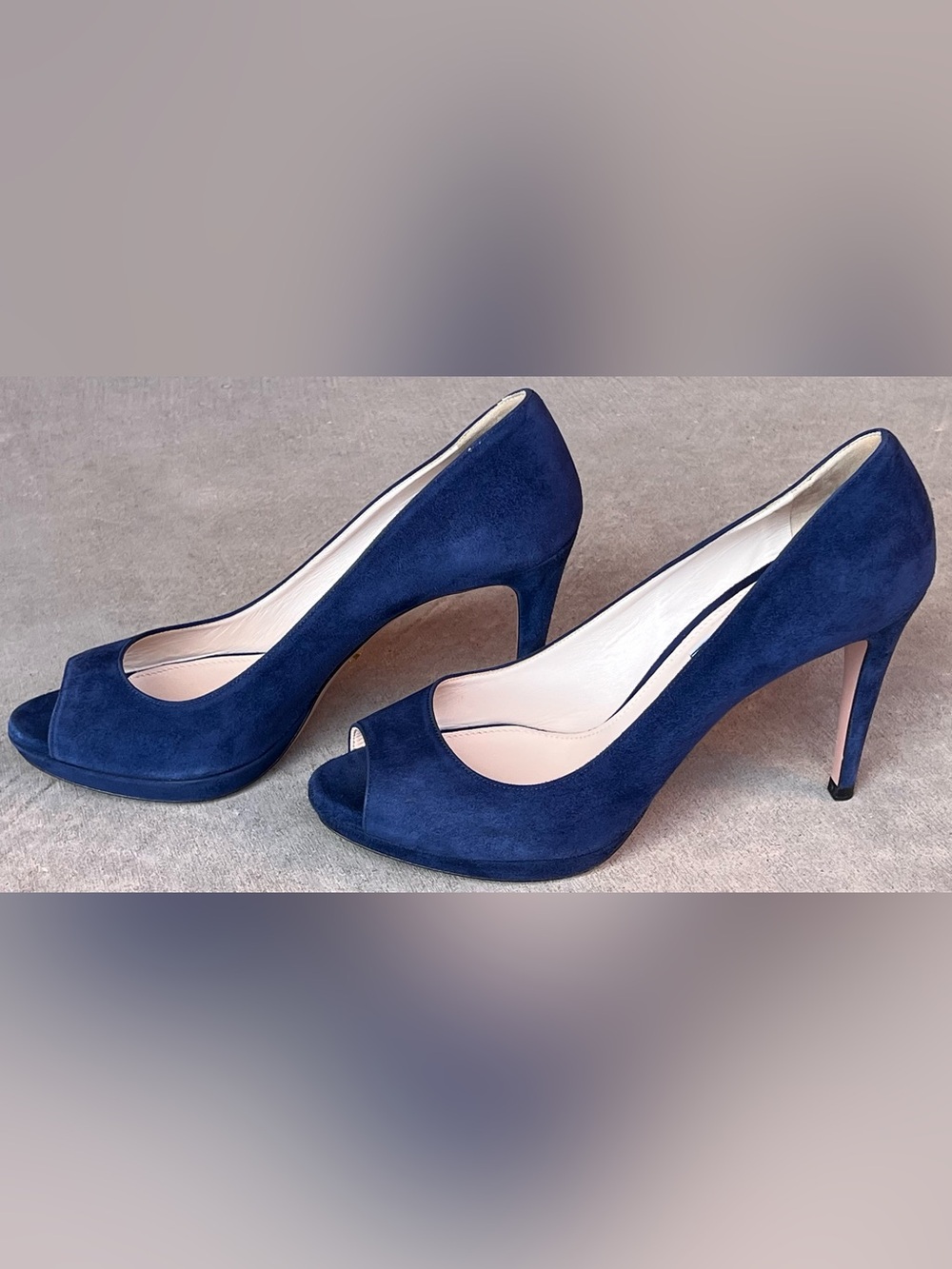Prada Navy Blue Suede Peep Toe Pumps Heels Size 38.5 Made In Italy